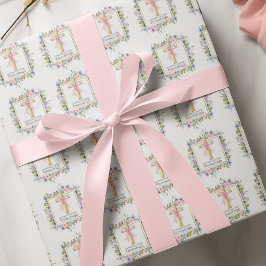 Floral 1st Holy Communion Cross with Pink Bow Wrapping Paper