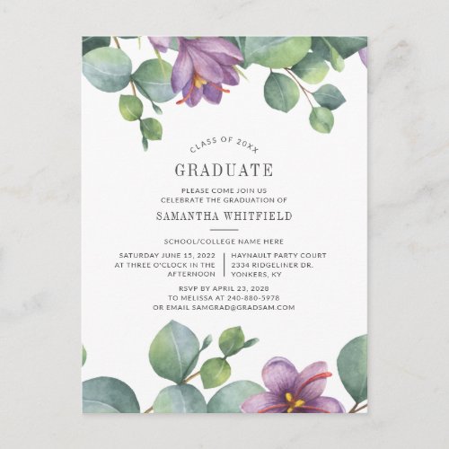 Floral 2022 Greenery Eucalyptus Graduation Party Invitation Postcard