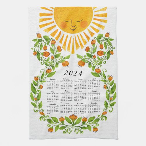 Floral 2024 Calendar Cute Sun  Kitchen Towel