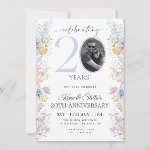 Floral 20th Anniversary Invitation With Photo