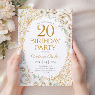 Floral 20th Birthday Cream Gold Invitation