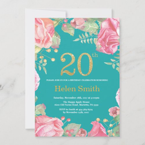 Floral 20th Birthday Gold Glitter and Teal Invitation