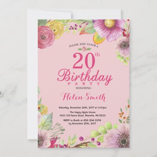 Floral 20th Birthday Invitation for Women Pink