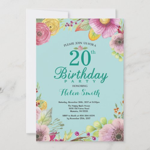 Floral 20th Birthday Invitation for Women Teal