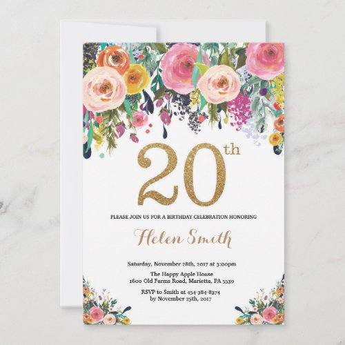 Floral 20th Birthday Invitation Gold Glitter
