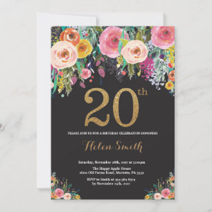 Floral 20th Birthday Invitation Gold Glitter
