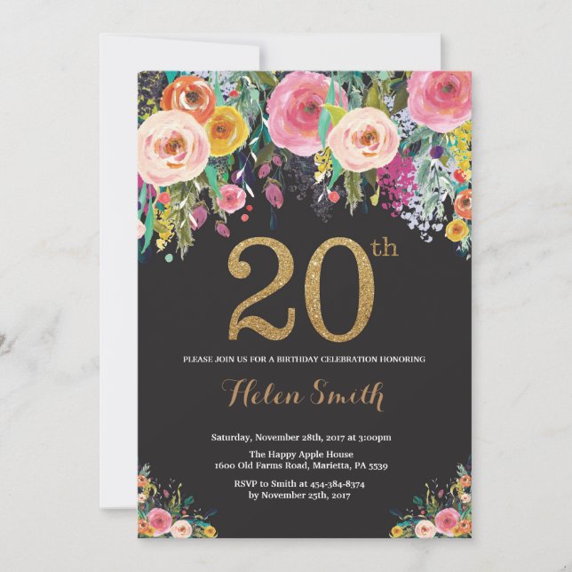 Floral 20th Birthday Invitation Gold Glitter (Front)