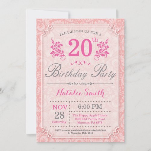 Floral 20th Birthday Invitation Pink for Women