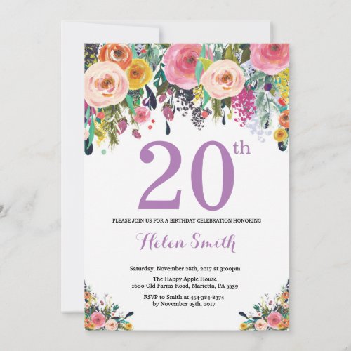 Floral 20th Birthday Invitation Purple