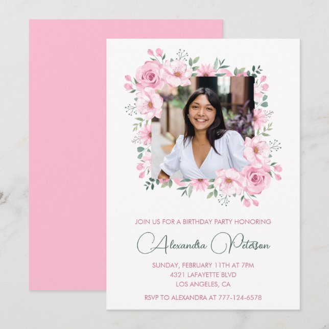 Floral 20th birthday invitations Photo Pink (Front/Back)