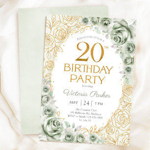 Floral 20th Birthday Sage Green Gold Invitation