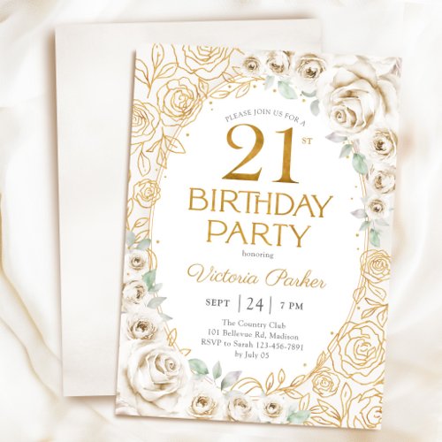Floral 21st Birthday Cream Gold Invitation