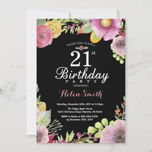 Floral 21st Birthday Invitation for Women