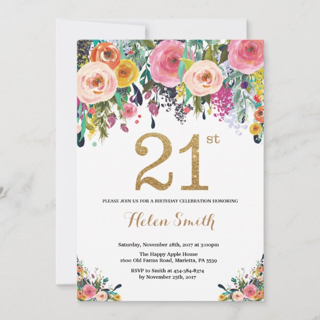 Floral 21st Birthday Invitation Gold Glitter (Front)