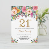 Floral 21st Birthday Invitation Gold Glitter (Standing Front)
