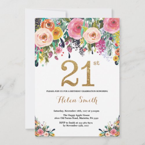 Floral 21st Birthday Invitation Gold Glitter