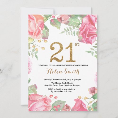 Floral 21st Birthday Invitation Gold Glitter