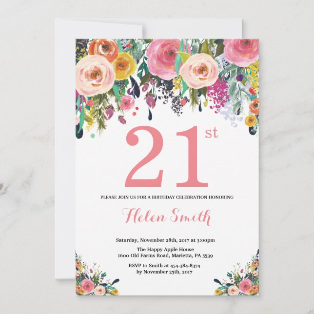 Floral 21st Birthday Invitation Pink (Front)