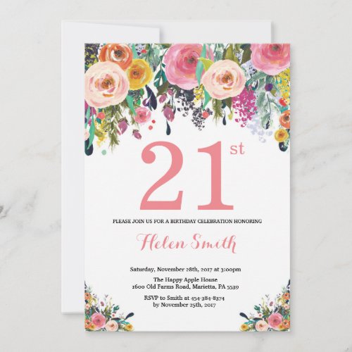 Floral 21st Birthday Invitation Pink