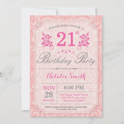 Floral 21st Birthday Invitation Pink for Women