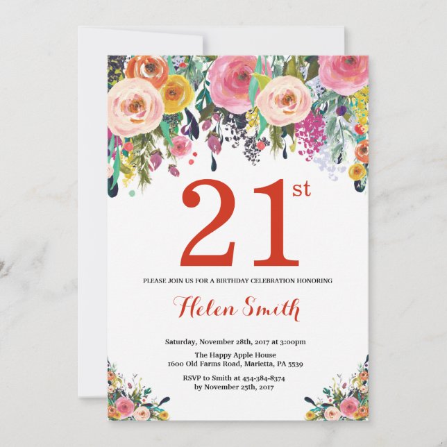 Floral 21st Birthday Invitation Red (Front)