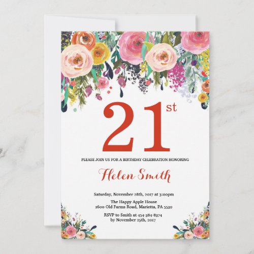 Floral 21st Birthday Invitation Red