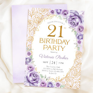 Floral 21st Birthday Lilac Purple Gold Invitation