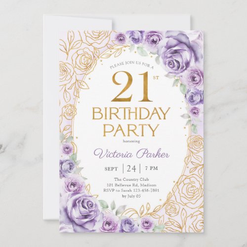 Floral 21st Birthday Lilac Purple Gold Invitation