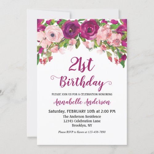 Floral 21st Birthday Purple Pink Modern Watercolor Invitation