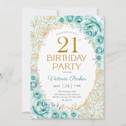 Floral 21st Birthday Turquoise Gold Invitation