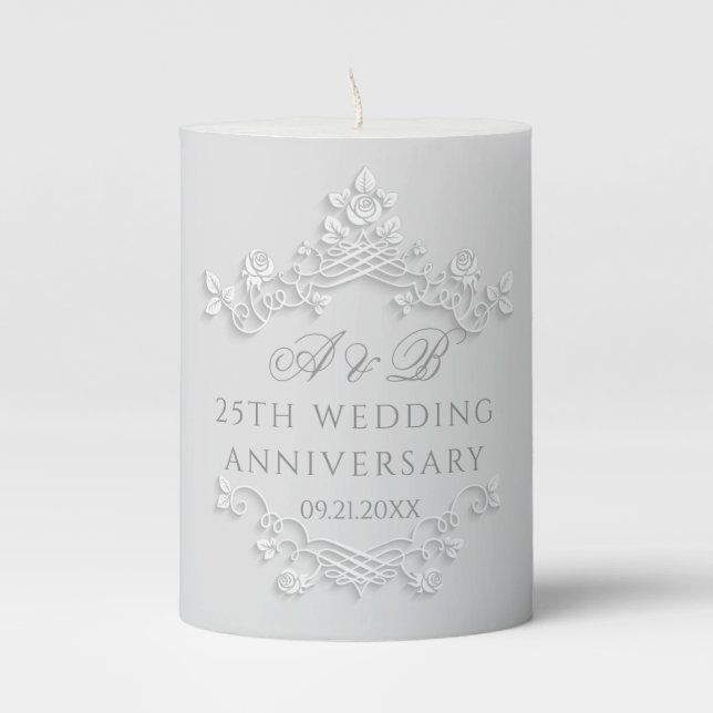Floral 25th Wedding Anniversary Pillar Candle (Front)