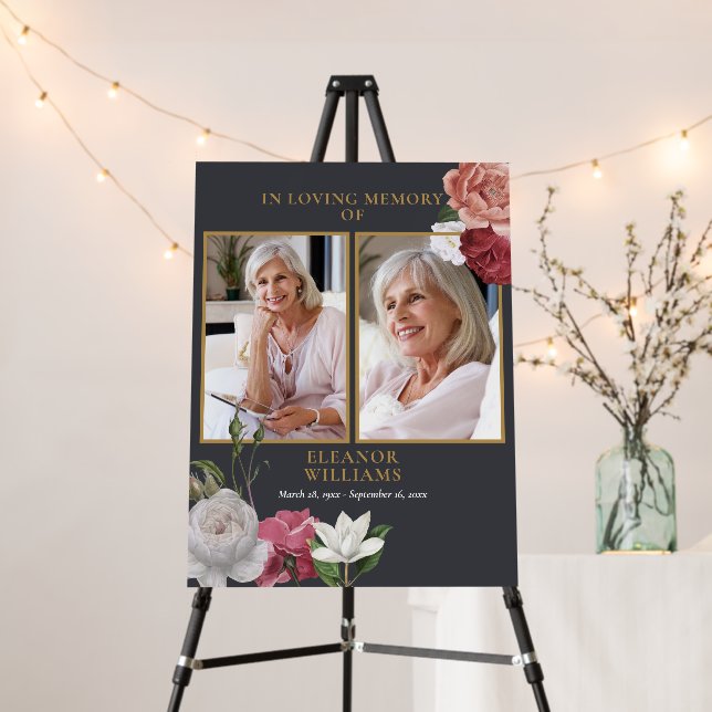 Floral 2 Photo Celebration Of Life Funeral Sign (In Situ (Stand))