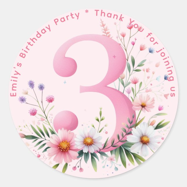Floral 2nd Birthday Thank You Favor Two Custom Classic Round Sticker (Front)