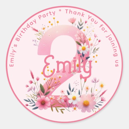 Floral 2nd Birthday Thank You Favor Two Custom Classic Round Sticker