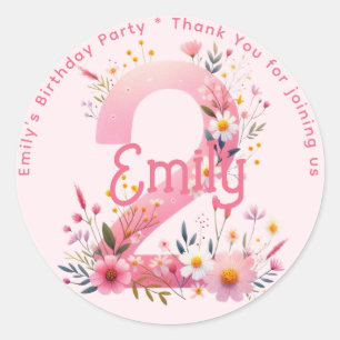 Floral 2nd Birthday Thank You Favor Two Custom Classic Round Sticker