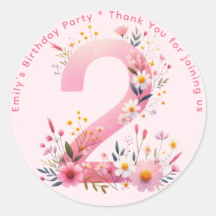 Floral 2nd Birthday Thank You Favor Two Custom Classic Round Sticker