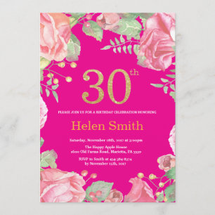 Floral 30th Birthday Gold Glitter and Hot Pink Invitation