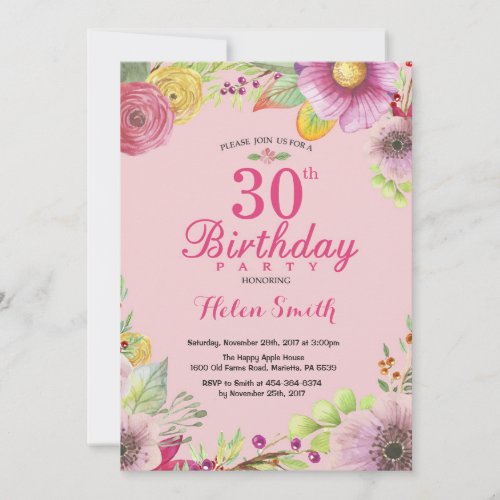 Floral 30th Birthday Invitation for Women