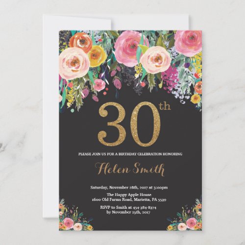 Floral 30th Birthday Invitation Gold Glitter