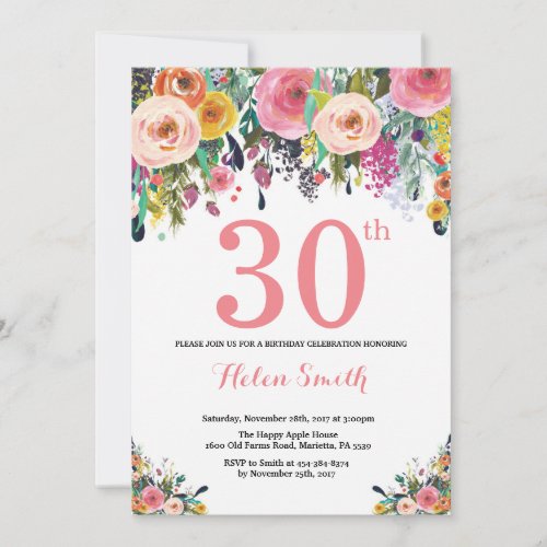 Floral 30th Birthday Invitation Pink