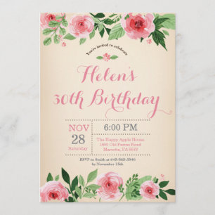 Floral 30th Birthday Invitation Pink Watercolor