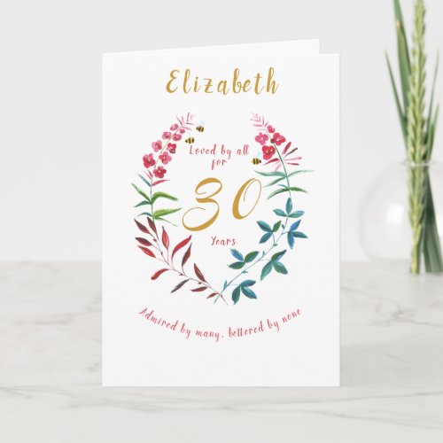 Floral 30th Birthday Watercolor Red Blue flowers Card