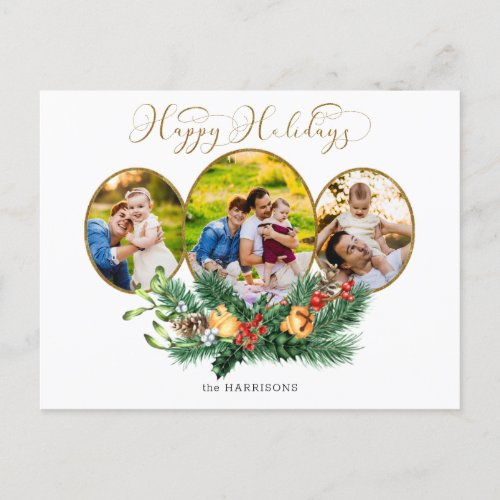 Floral 3_Photo Gold Happy Holidays Script Holiday Postcard