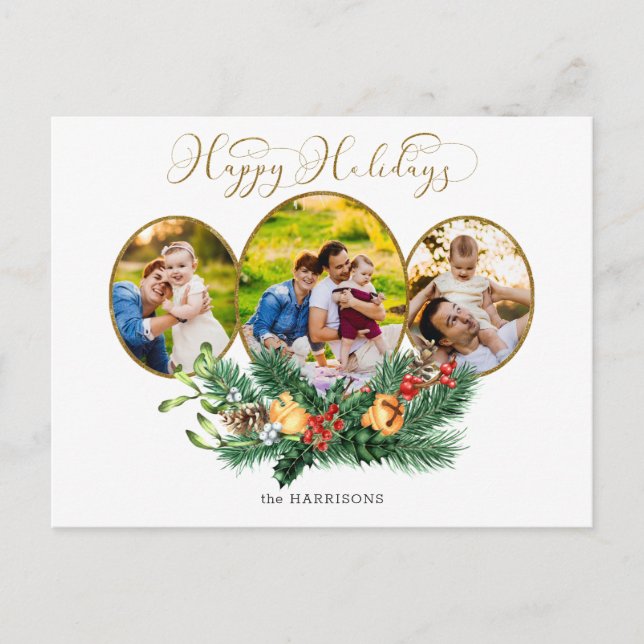 Floral 3-Photo Gold Happy Holidays Script Holiday Postcard (Front)