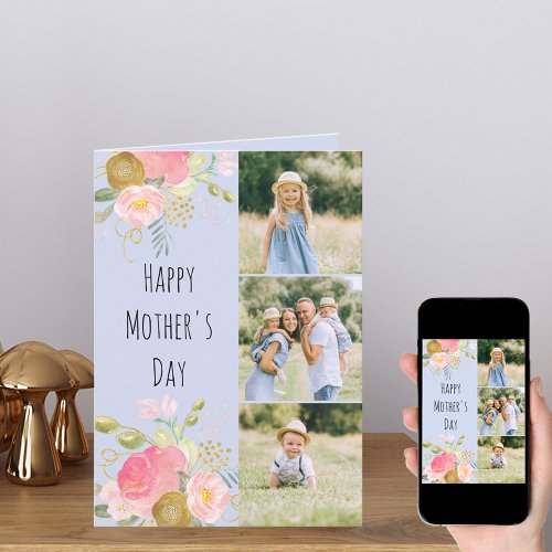Floral 3 Photo Pink Happy Mothers Day Card