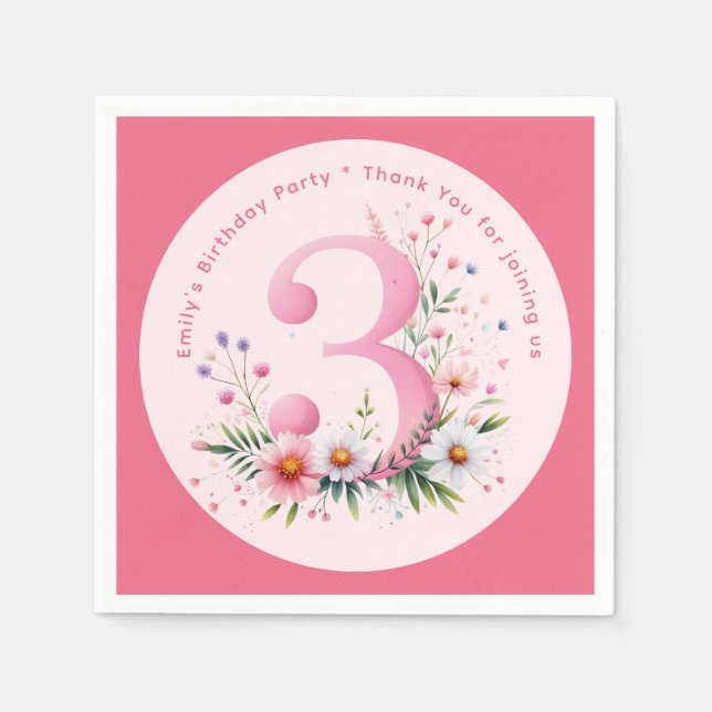 Floral 3th Birthday Custom Three Fairy Princess Napkins (Front)