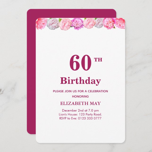 Floral 40th, 60th Birthday on Burgundy & White Invitation (Front/Back)