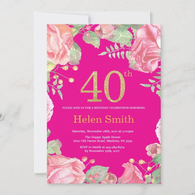 Floral 40th Birthday Gold Glitter and Hot Pink Invitation (Front)