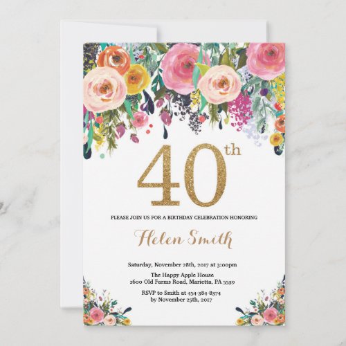 Floral 40th Birthday Invitation Gold Glitter