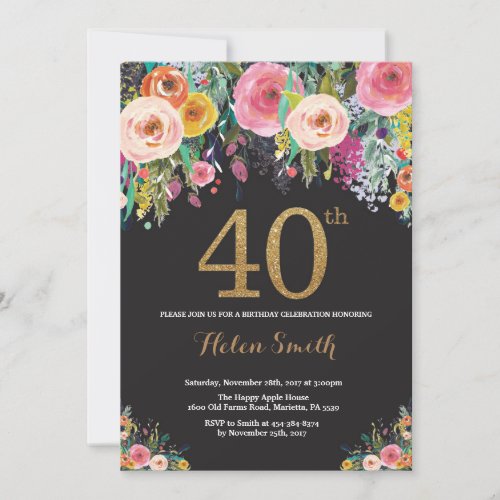 Floral 40th Birthday Invitation Gold Glitter